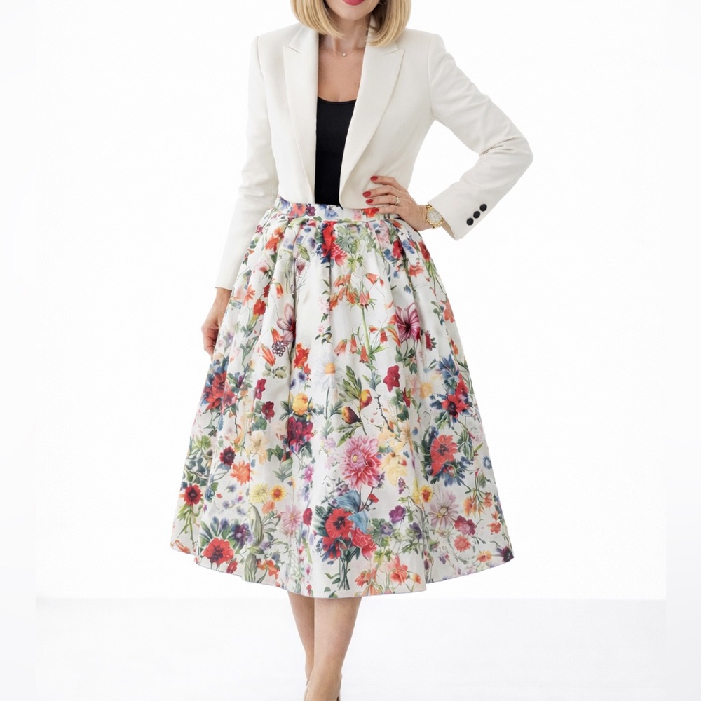 Floral A-Line Midi Skirt White Botanical Print High Waist Women’s